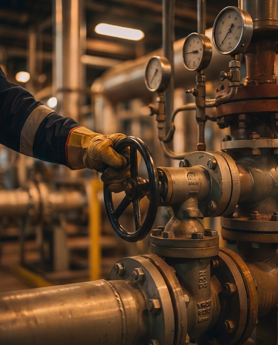 Main gantée sur une vanne industrielle